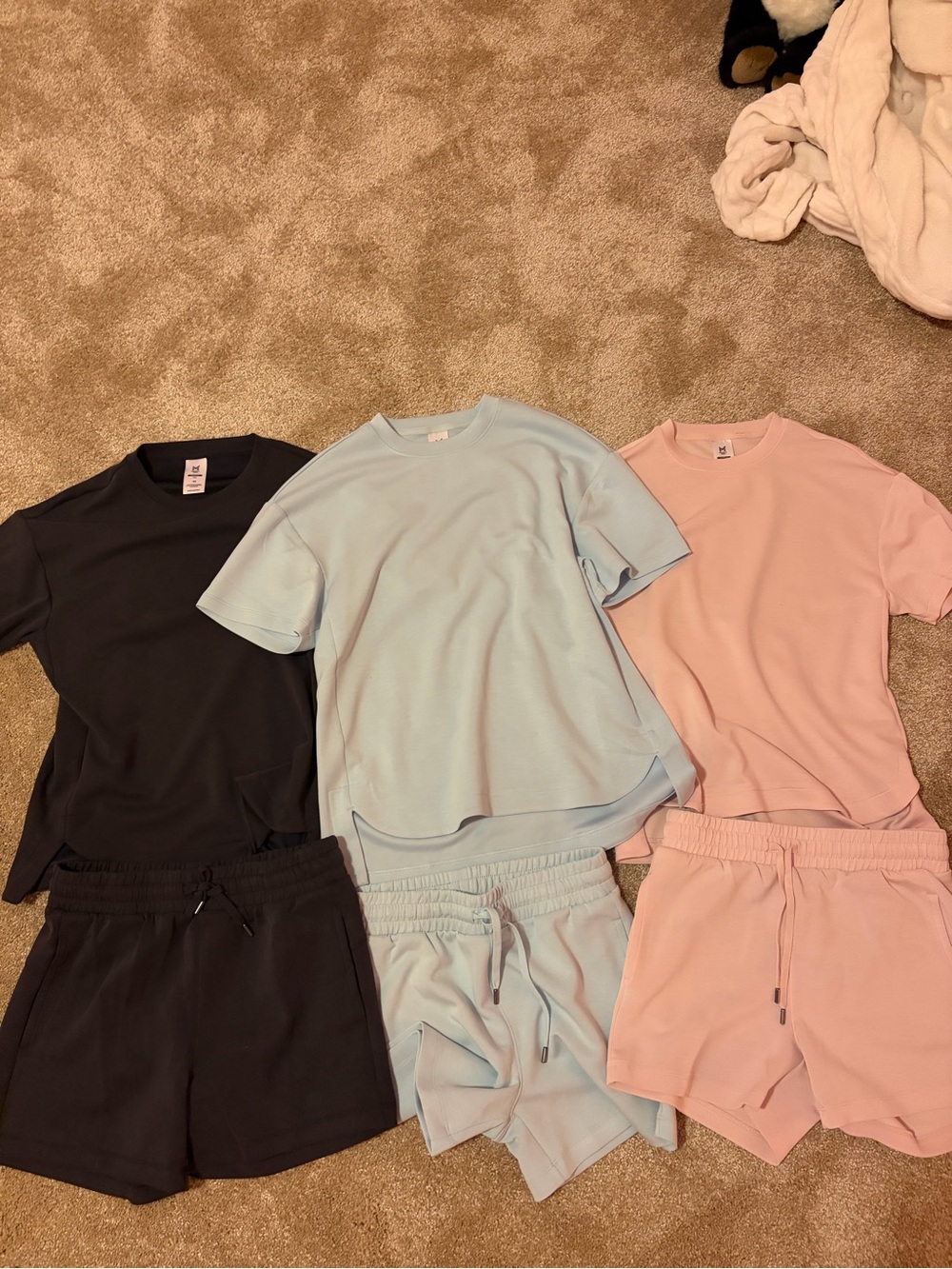 Women's Three-Piece Cozy Short Sleeve & Short Set - Black, Light Blue, Pink